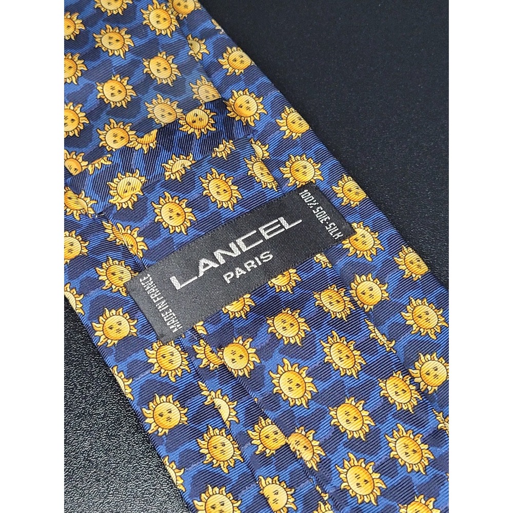 Lancel Paris Mens Silk Necktie Blue Yellow Sun Handmade Made in France